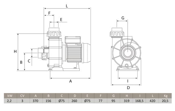 NewBCC 300 Pumpe, 70m³/h, Förderhöhe=7m, 230V, 2,2 kW, 3 HP - Montage unterhalb des Wasserspiegels (Salzwasser Fähig)